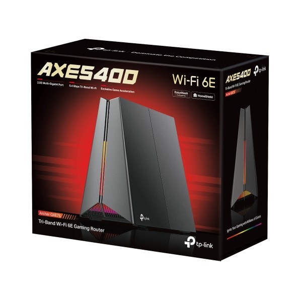 TP-LINK Router AXE5400 	Archer GXE75 Tri-Ban Wi-Fi 6E Gaming Router SPEED: 574 Mbps at 2.4 GHz + 2402 Mbps at 5 GHz + 2402 Mbps at 6 GHz          SPEC