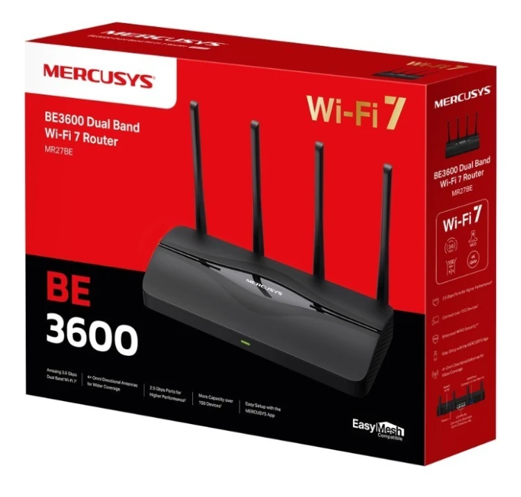 TP-LINK Router BE3600 Mercusys DualBand Wi-Fi 7  SPEED:688 Mbps at 2.4GHz +2880 Mbps at 5GHz MR27BE