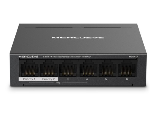 TP-LINK Przełącznik Mercusys 6-Port 10/100 Mbps Desktop Switch with  4-Port PoE+    PORT: 4× 10/100 Mbps PoE+ Ports, 2× 10/100 Mbps Non-PoE Ports MS10