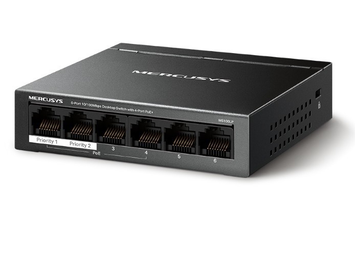 TP-LINK Przełącznik Mercusys 6-Port 10/100 Mbps Desktop Switch with  4-Port PoE+    PORT: 4× 10/100 Mbps PoE+ Ports, 2× 10/100 Mbps Non-PoE Ports MS10