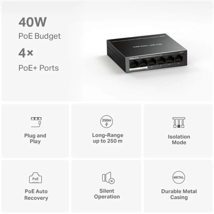 TP-LINK Przełącznik Mercusys 6-Port 10/100 Mbps Desktop Switch with  4-Port PoE+    PORT: 4× 10/100 Mbps PoE+ Ports, 2× 10/100 Mbps Non-PoE Ports MS10