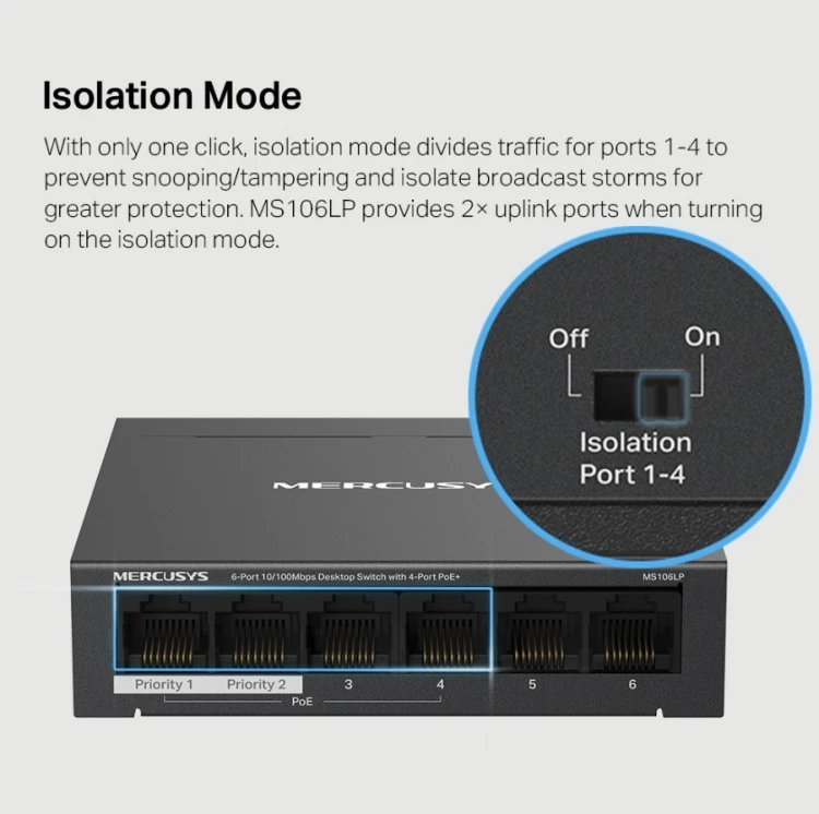 TP-LINK Przełącznik Mercusys 6-Port 10/100 Mbps Desktop Switch with  4-Port PoE+    PORT: 4× 10/100 Mbps PoE+ Ports, 2× 10/100 Mbps Non-PoE Ports MS10
