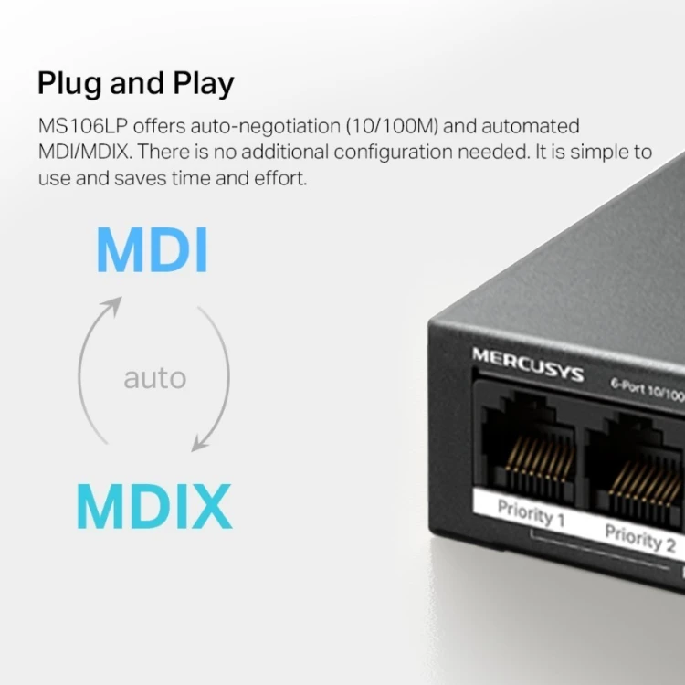 TP-LINK Przełącznik Mercusys 6-Port 10/100 Mbps Desktop Switch with  4-Port PoE+    PORT: 4× 10/100 Mbps PoE+ Ports, 2× 10/100 Mbps Non-PoE Ports MS10