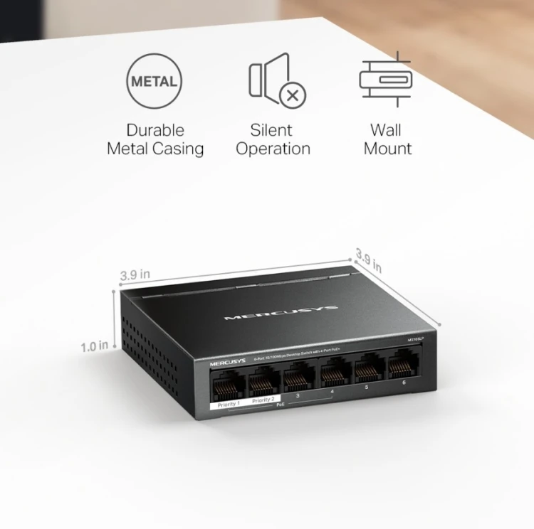 TP-LINK Przełącznik Mercusys 6-Port 10/100 Mbps Desktop Switch with  4-Port PoE+    PORT: 4× 10/100 Mbps PoE+ Ports, 2× 10/100 Mbps Non-PoE Ports MS10