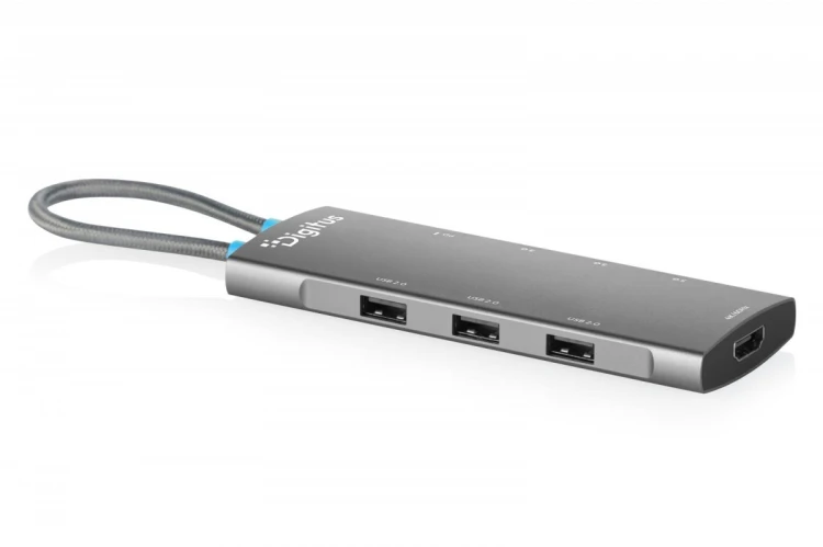 Digitus Stacja dokująca USB-C 8-portowa, HDMI 4K/60Hz, 2x USB-A + 1x USB-C 3.2 Gen1, 3x USB-A 2.0, Power Delivery 100W, DP 1.4 Alt Mode, kabel 18cm