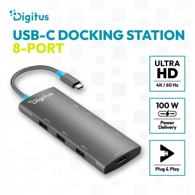 Digitus Stacja dokująca USB-C 8-portowa, HDMI 4K/60Hz, 2x USB-A + 1x USB-C 3.2 Gen1, 3x USB-A 2.0, Power Delivery 100W, DP 1.4 Alt Mode, kabel 18cm