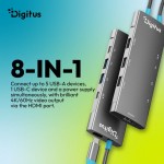 Digitus Stacja dokująca USB-C 8-portowa, HDMI 4K/60Hz, 2x USB-A + 1x USB-C 3.2 Gen1, 3x USB-A 2.0, Power Delivery 100W, DP 1.4 Alt Mode, kabel 18cm