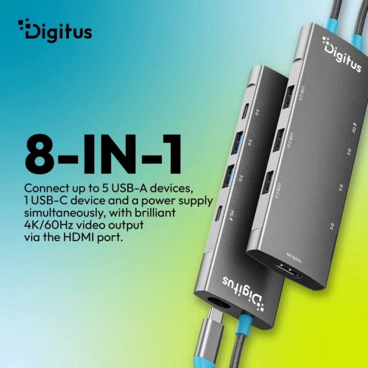 Digitus Stacja dokująca USB-C 8-portowa, HDMI 4K/60Hz, 2x USB-A + 1x USB-C 3.2 Gen1, 3x USB-A 2.0, Power Delivery 100W, DP 1.4 Alt Mode, kabel 18cm