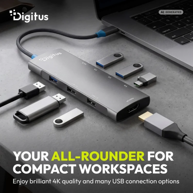 Digitus Stacja dokująca USB-C 8-portowa, HDMI 4K/60Hz, 2x USB-A + 1x USB-C 3.2 Gen1, 3x USB-A 2.0, Power Delivery 100W, DP 1.4 Alt Mode, kabel 18cm