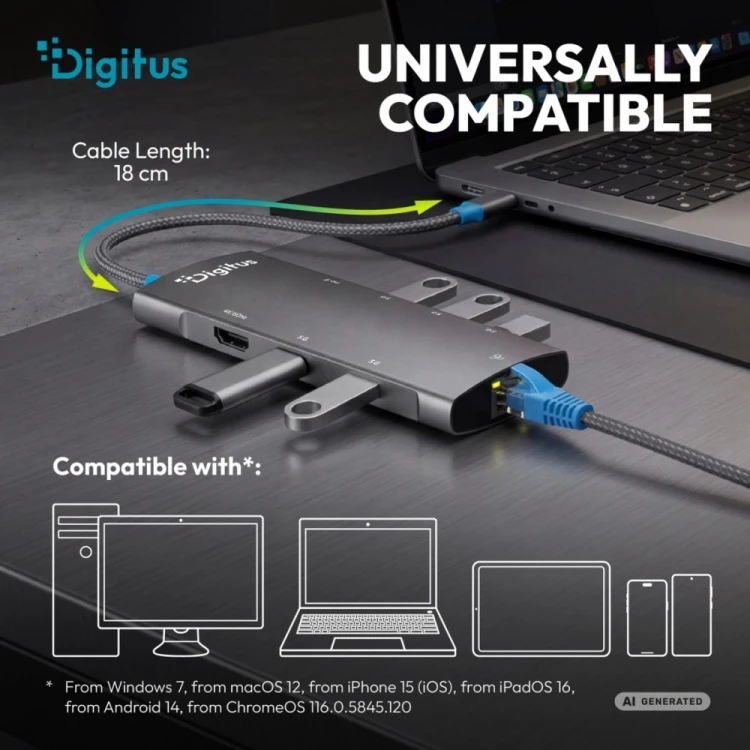 Digitus Stacja dokująca USB-C 8-portowa, HDMI 4K/60Hz, 4x USB-A + 1x USB-C 3.2 Gen1, RJ45 Gigabit, Power Delivery 100W, DP 1.4 Alt Mode, kabel 18cm