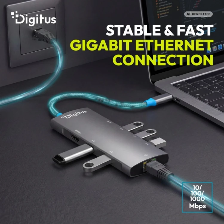 Digitus Stacja dokująca USB-C 8-portowa, HDMI 4K/60Hz, 4x USB-A + 1x USB-C 3.2 Gen1, RJ45 Gigabit, Power Delivery 100W, DP 1.4 Alt Mode, kabel 18cm