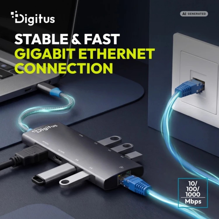 Digitus Stacja dokująca USB-C 9-portowa, 2x HDMI 4K/60Hz, 4x USB-A + 1x USB-C 3.2 Gen1, RJ45 Gigabit, Power Delivery 100W, MST/SST, kabel 18cm