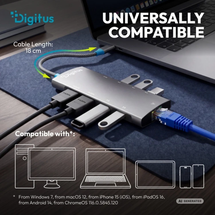 Digitus Stacja dokująca USB-C 9-portowa, 2x HDMI 4K/60Hz, 4x USB-A + 1x USB-C 3.2 Gen1, RJ45 Gigabit, Power Delivery 100W, MST/SST, kabel 18cm