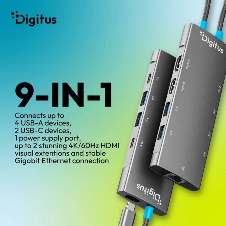 Digitus Stacja dokująca USB-C 9-portowa, 2x HDMI 4K/60Hz, 4x USB-A + 1x USB-C 3.2 Gen1, RJ45 Gigabit, Power Delivery 100W, MST/SST, kabel 18cm