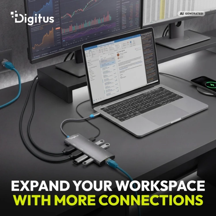 Digitus Stacja dokująca USB-C 9-portowa, 2x HDMI 4K/60Hz, 4x USB-A + 1x USB-C 3.2 Gen1, RJ45 Gigabit, Power Delivery 100W, MST/SST, kabel 18cm