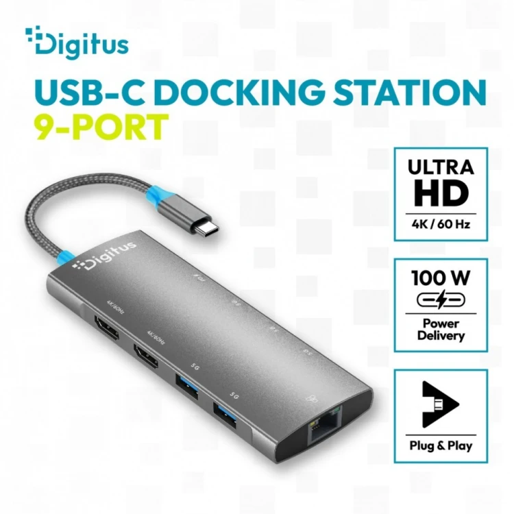 Digitus Stacja dokująca USB-C 9-portowa, 2x HDMI 4K/60Hz, 4x USB-A + 1x USB-C 3.2 Gen1, RJ45 Gigabit, Power Delivery 100W, MST/SST, kabel 18cm