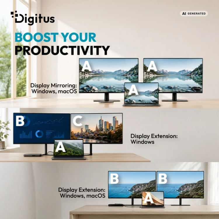 Digitus Stacja dokująca USB-C 9-portowa, 2x HDMI 4K/60Hz, 4x USB-A + 1x USB-C 3.2 Gen1, RJ45 Gigabit, Power Delivery 100W, MST/SST, kabel 18cm