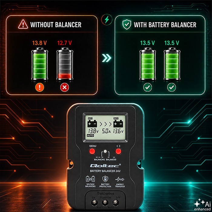 Qoltec Balanser napięcia 24V do akumulatorów 2x12V | 5A | AGM GEL LiFePO4