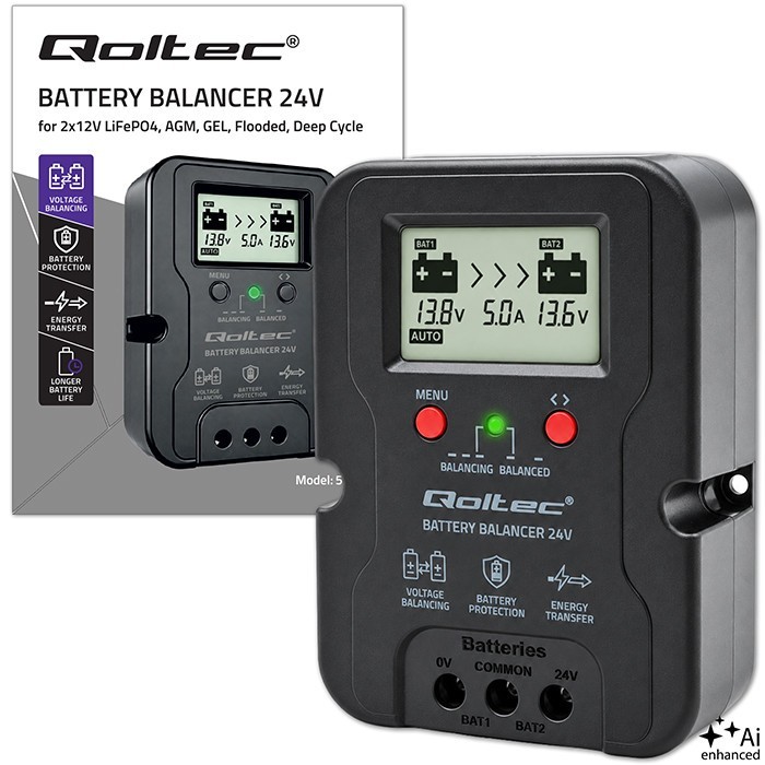 Qoltec Balanser napięcia 24V do akumulatorów 2x12V | 5A | AGM GEL LiFePO4