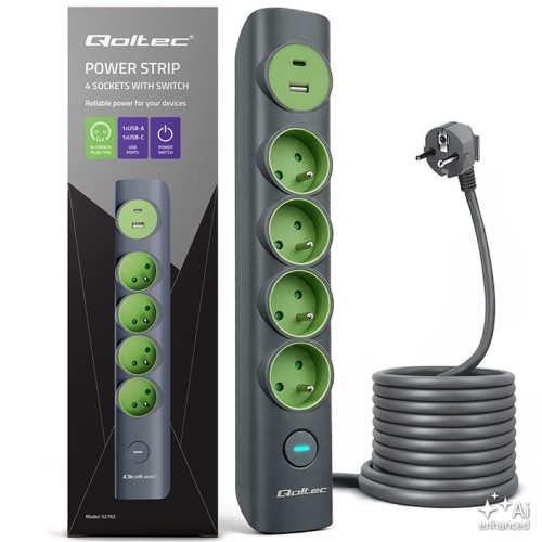 Qoltec Listwa zasilająca z podświetlanym włącznikiem | 4gniazda z uziemieniem | 1xUSB-C 15W | 1xUSB 12W | 1.8m