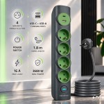 Qoltec Listwa zasilająca z podświetlanym włącznikiem | 4gniazda z uziemieniem | 1xUSB-C 15W | 1xUSB 12W | 1.8m