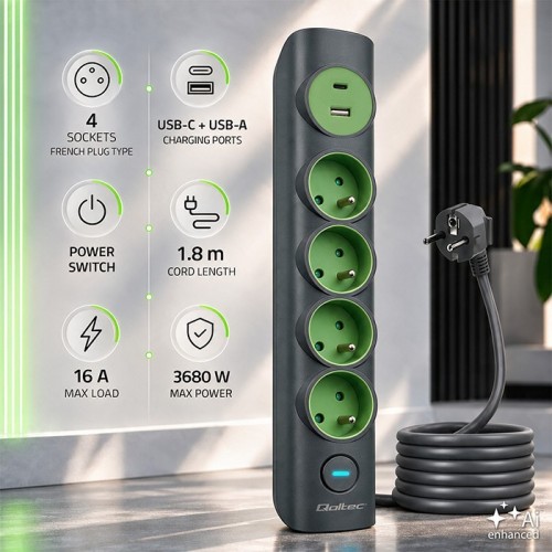 Qoltec Listwa zasilająca z podświetlanym włącznikiem | 4gniazda z uziemieniem | 1xUSB-C 15W | 1xUSB 12W | 1.8m