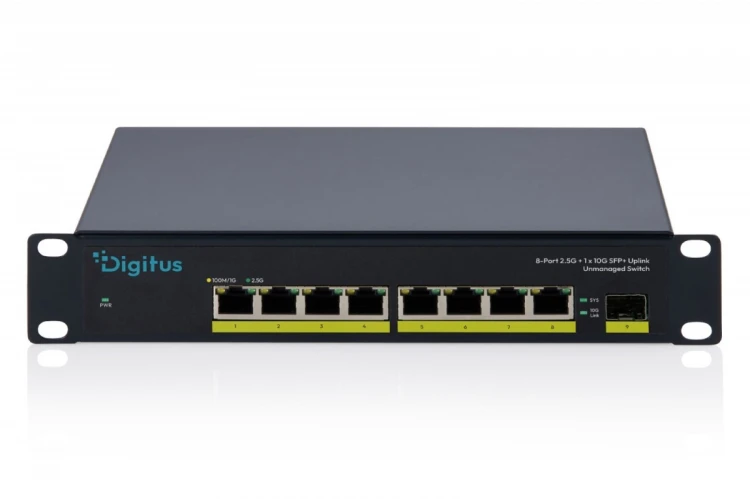 Digitus Przełącznik sieciowy niezarządzalny 10" 8x RJ45 2.5G, 1x SFP+ 10G, 60Gbps, metalowy, bez wentylatora, Plug&Play