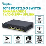 Digitus Przełącznik sieciowy niezarządzalny 10" 8x RJ45 2.5G, 1x SFP+ 10G, 60Gbps, metalowy, bez wentylatora, Plug&Play