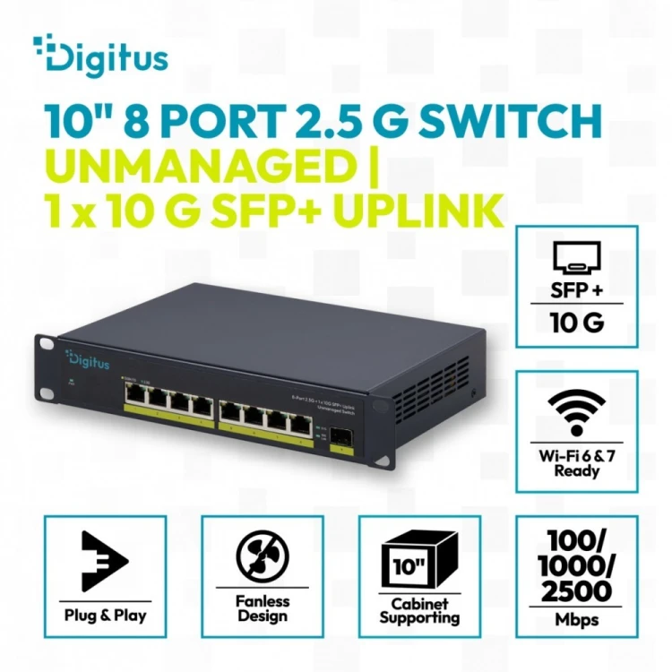 Digitus Przełącznik sieciowy niezarządzalny 10" 8x RJ45 2.5G, 1x SFP+ 10G, 60Gbps, metalowy, bez wentylatora, Plug&Play