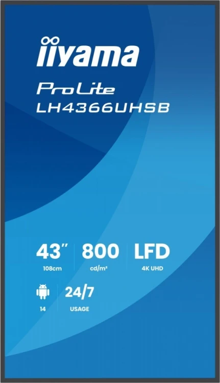 IIYAMA Monitor  profesjonalny 43 cale LH4366UHSB-B1AG 4K, VA, A14, 800cd, 4000:1, 6,5ms,2xHDMI, USB-C, RJ45, 2xUSB, 2x10W, WiFi, iiSignage2, RAM: 4GB,