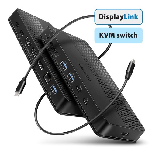 AXAGON HMC-DL-KVM Stacja dokująca USB-C 12w1 + KVM 2 PC, DisplayLink, 10Gbps, 3x USB-A, 2x USB-C, 2x HDMI 4K/60Hz, DP, LAN 1Gbps, SD/microSD, audio, P