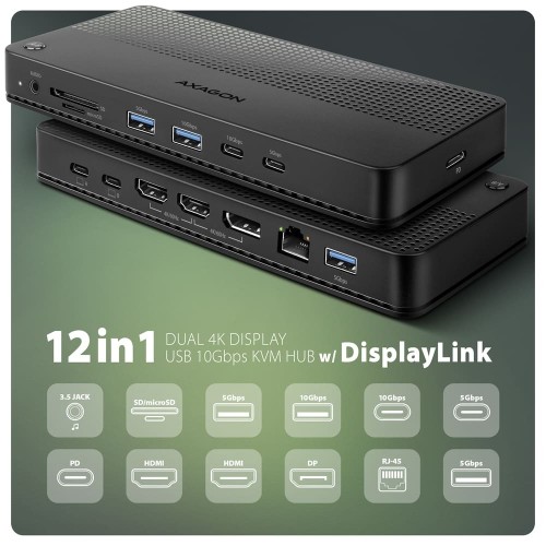 AXAGON HMC-DL-KVM Stacja dokująca USB-C 12w1 + KVM 2 PC, DisplayLink, 10Gbps, 3x USB-A, 2x USB-C, 2x HDMI 4K/60Hz, DP, LAN 1Gbps, SD/microSD, audio, P