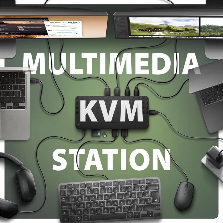 AXAGON HMC-DL-KVM Stacja dokująca USB-C 12w1 + KVM 2 PC, DisplayLink, 10Gbps, 3x USB-A, 2x USB-C, 2x HDMI 4K/60Hz, DP, LAN 1Gbps, SD/microSD, audio, P