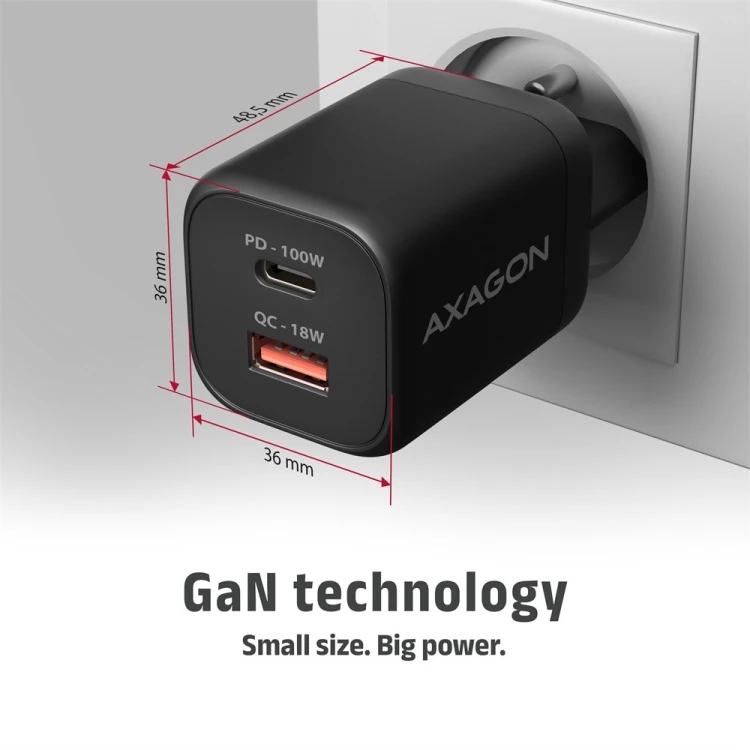 AXAGON ACU-PQ100 Ładowarka sieciowa GaN 100W, 2x port (USB-C + USB-A), PD3.0/PPS/QC4+, mini, czarna