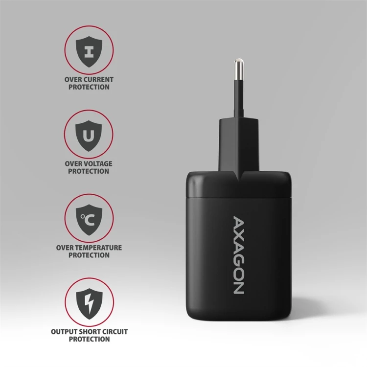 AXAGON ACU-PQ100 Ładowarka sieciowa GaN 100W, 2x port (USB-C + USB-A), PD3.0/PPS/QC4+, mini, czarna