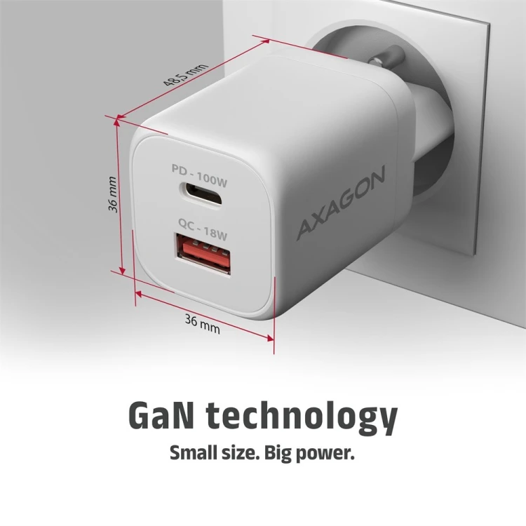 AXAGON ACU-PQ100W Ładowarka sieciowa GaN 100W, 2x port (USB-C + USB-A), PD3.0/PPS/QC4+, mini, biała