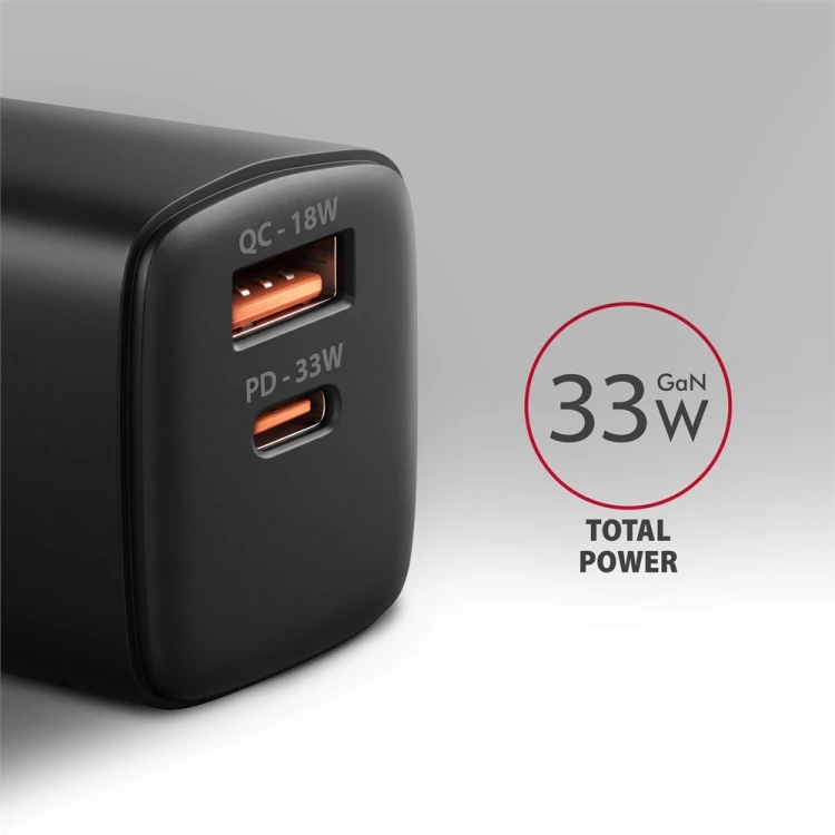 AXAGON ACU-PQ33 Ładowarka sieciowa GaN 33W, 2x port (USB-C + USB-A), PD3.0/PPS/QC4+, czarna