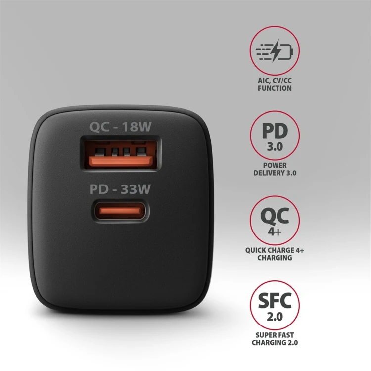 AXAGON ACU-PQ33 Ładowarka sieciowa GaN 33W, 2x port (USB-C + USB-A), PD3.0/PPS/QC4+, czarna