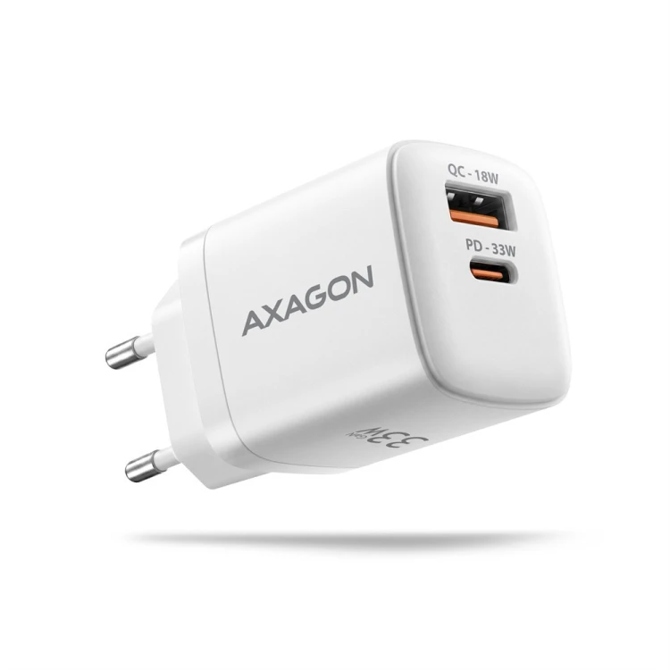AXAGON ACU-PQ33W Ładowarka sieciowa GaN 33W, 2x port (USB-C + USB-A), PD3.0/PPS/QC4+, biała
