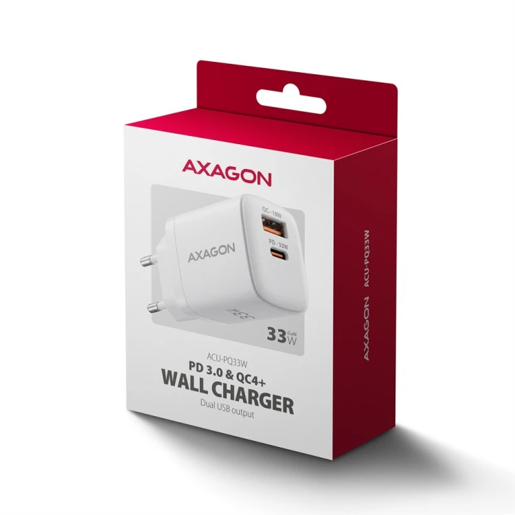 AXAGON ACU-PQ33W Ładowarka sieciowa GaN 33W, 2x port (USB-C + USB-A), PD3.0/PPS/QC4+, biała