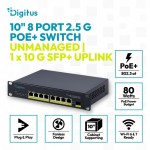 Digitus Przełącznik sieciowy niezarządzalny PoE+ 10" 8x RJ45 2.5G, 1x SFP+ 10G, 60Gbps, budżet 80W, 802.3af/at, metalowy, bez wentylatora, Plug&Play