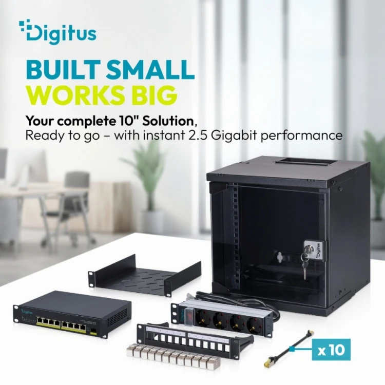 Digitus Przełącznik sieciowy niezarządzalny PoE+ 10" 8x RJ45 2.5G, 1x SFP+ 10G, 60Gbps, budżet 80W, 802.3af/at, metalowy, bez wentylatora, Plug&Play