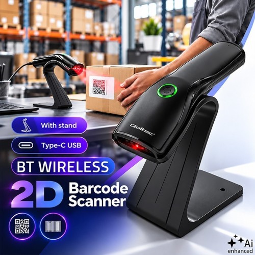 Qoltec Bezprzewodowy czytnik kodów kreskowych 1D 2D + stojak na skaner |QR | EAN | USB