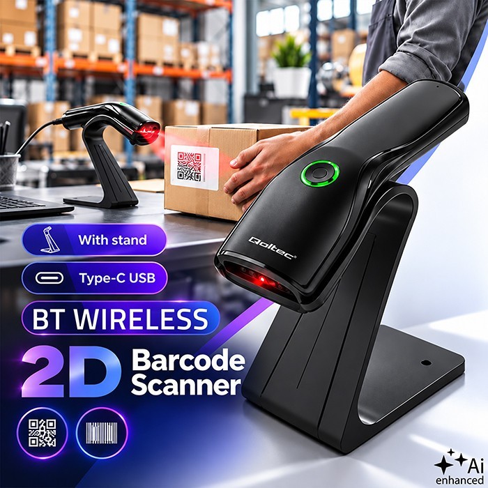 Qoltec Bezprzewodowy czytnik kodów kreskowych 1D 2D + stojak na skaner |QR | EAN | USB