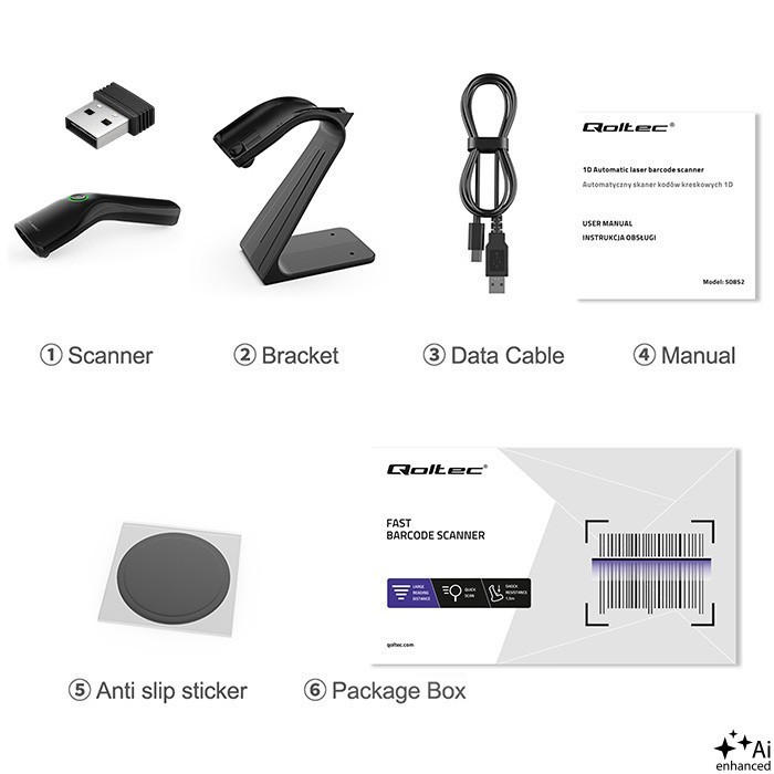 Qoltec Bezprzewodowy czytnik kodów kreskowych 1D 2D + stojak na skaner |QR | EAN | USB