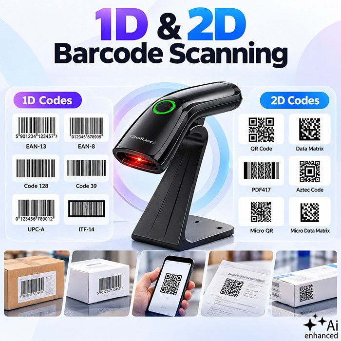 Qoltec Bezprzewodowy czytnik kodów kreskowych 1D 2D + stojak na skaner |QR | EAN | USB