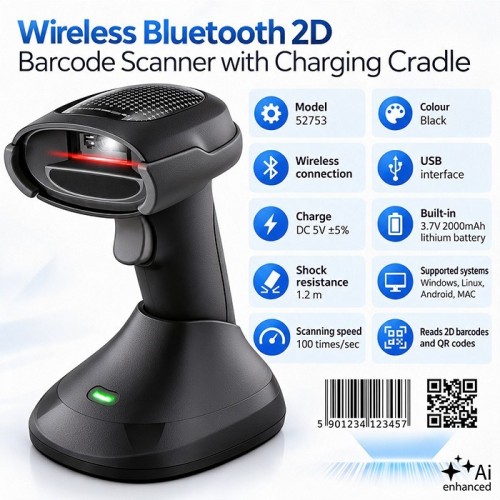 Qoltec Bezprzewodowy czytnik kodów kreskowych 1D 2D + stacja ładowania |QR | EAN | USB
