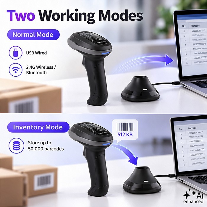Qoltec Bezprzewodowy czytnik kodów kreskowych 1D 2D + stacja ładowania |QR | EAN | USB