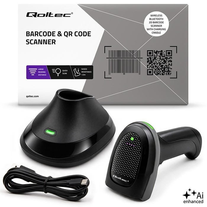 Qoltec Bezprzewodowy czytnik kodów kreskowych 1D 2D + stacja ładowania |QR | EAN | USB