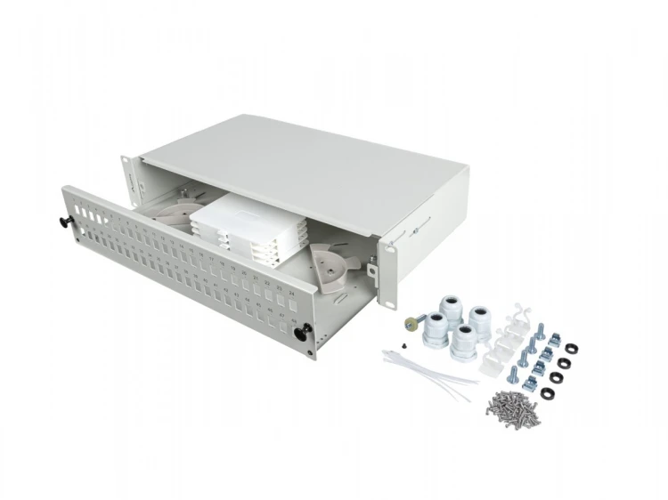 Lanberg Przełącznica światłowodowa 48XSC Simplex / 48XLC Duplex Rack 19 cali 2U Szara + akcesoria